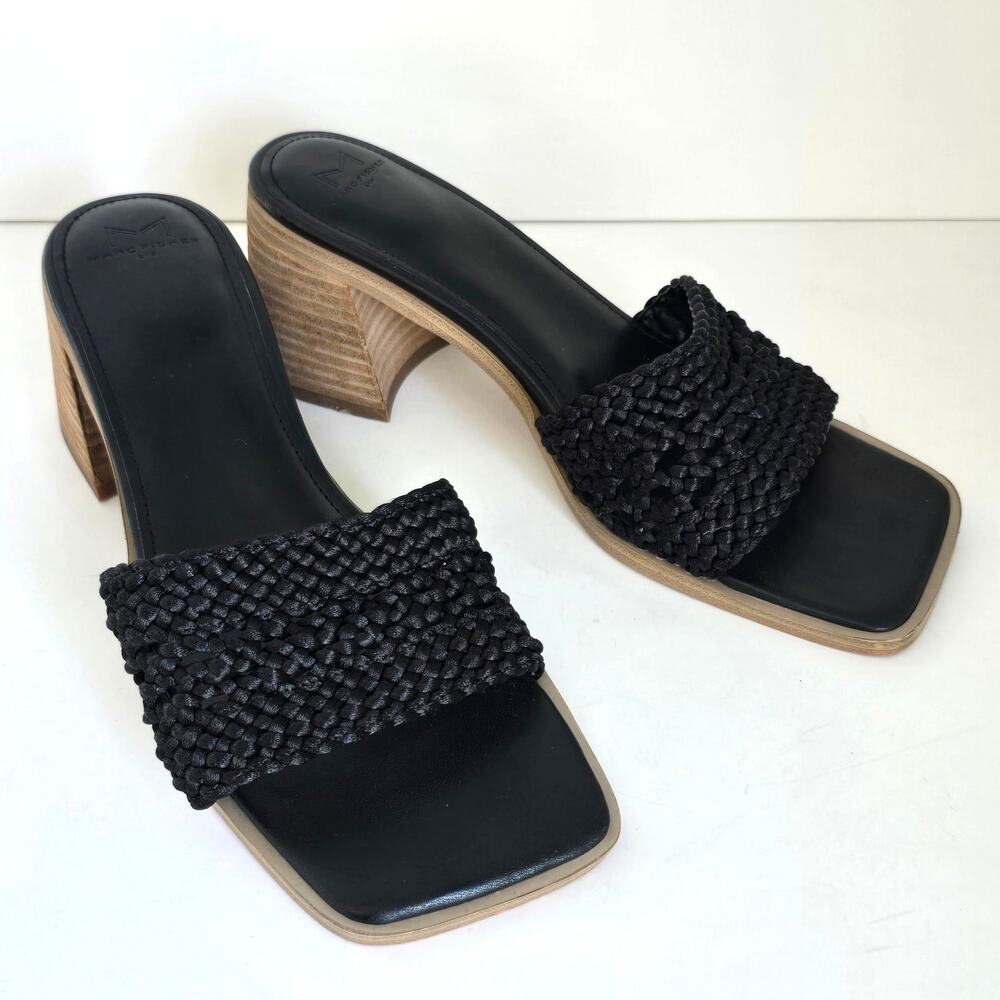 Marc Fisher LTD Jaxxon Heeled Slide Sandals Women's 9M Black Textile Boho Chic